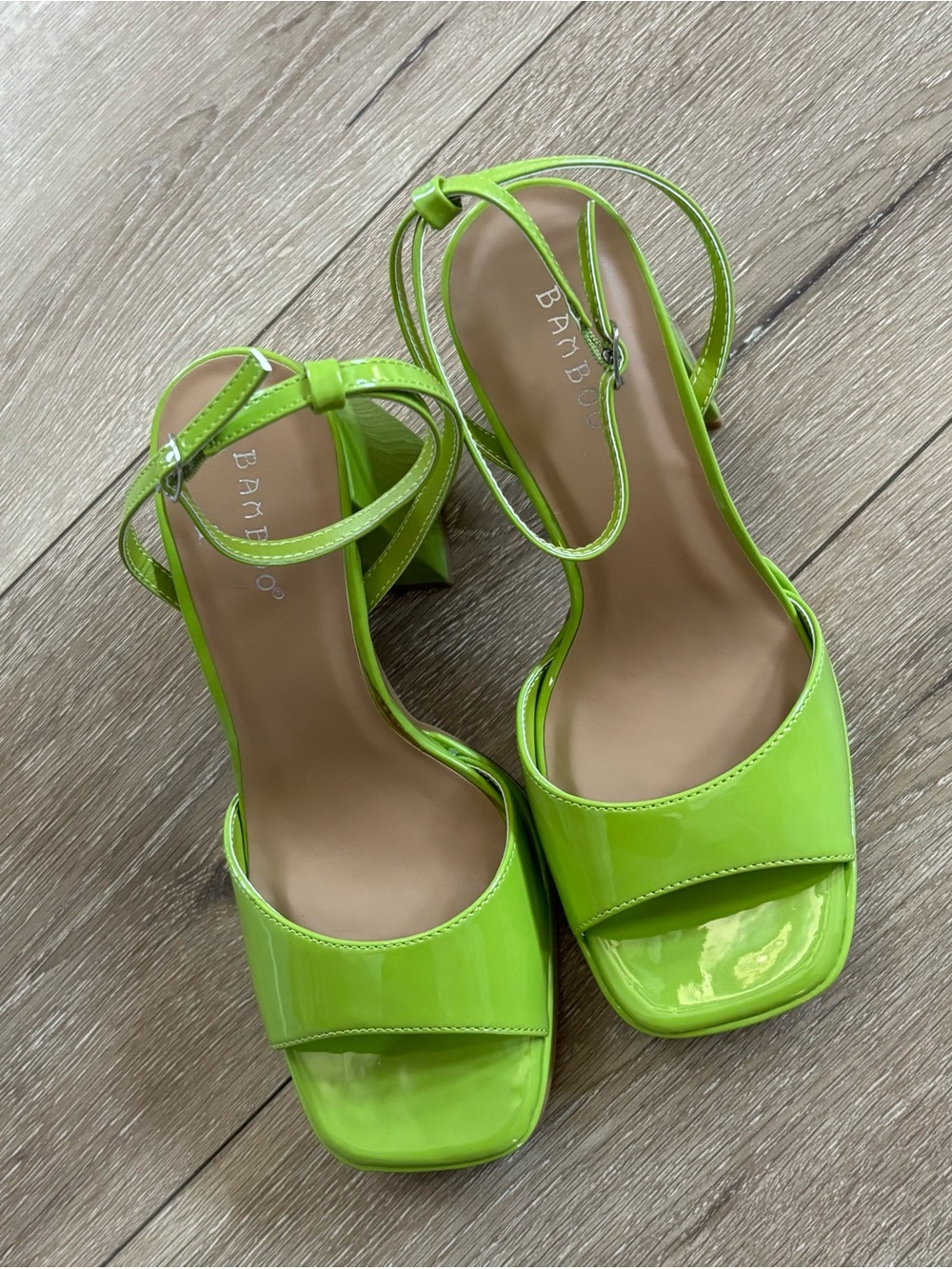 BAMBOO Neon Lime Patent Platform Block Heels with Ankle Strap - Picture 2 of 4
